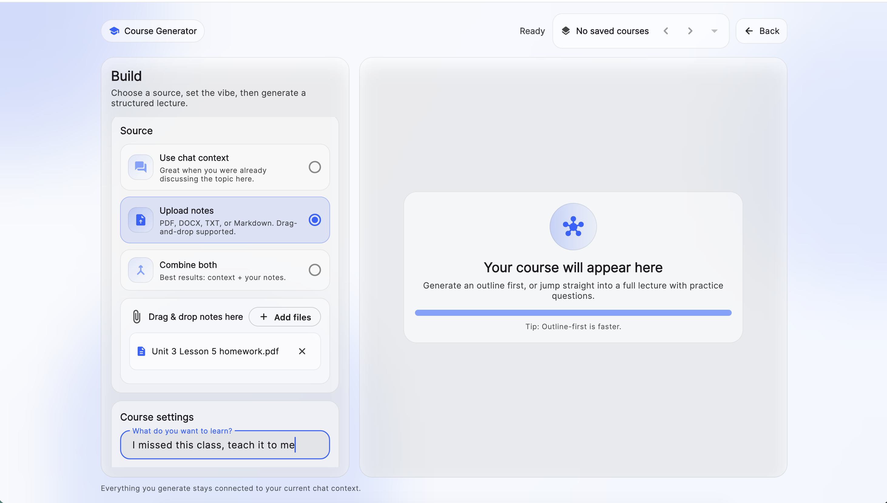 Course overview with modules generated from uploaded study material.